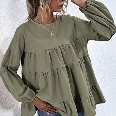 Olive Tiered Babydoll Light Weight Long Sleeve Top