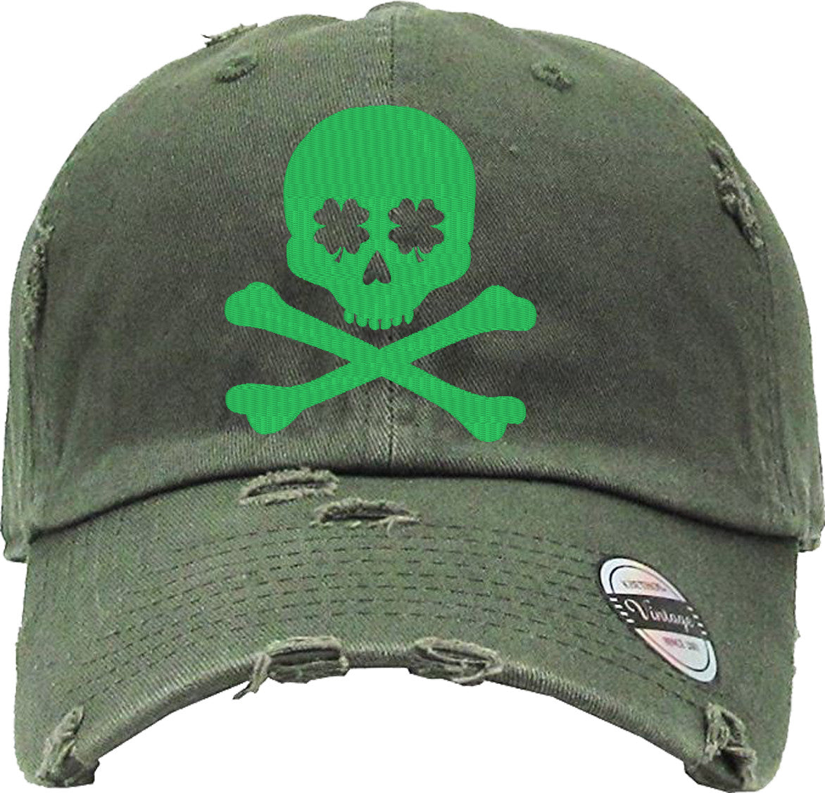 GREEN SKULL Distressed Baseball Hat