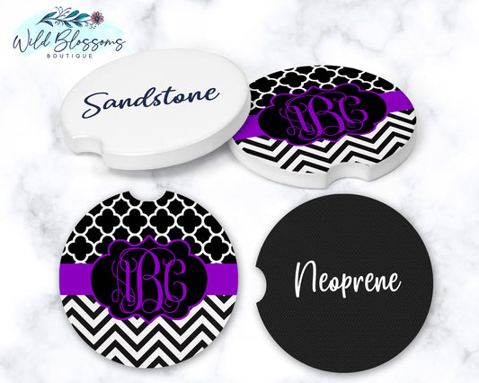 Custom Monogram Silver Glitter NOT REAL Glitter Sandstone Car Cup Holder  Coaster Gift for Women Personalized 