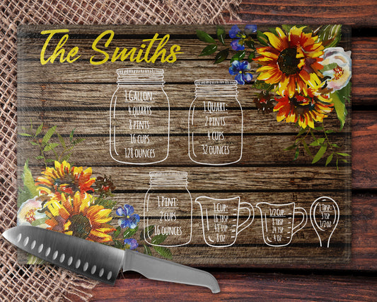 Sunflower Measurement Conversion Glass Cutting Board