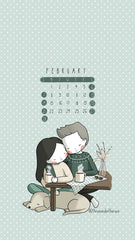 February 2021 Calendar Wallpapers Three Under the Rain winter polka dots Sunday to Saturday