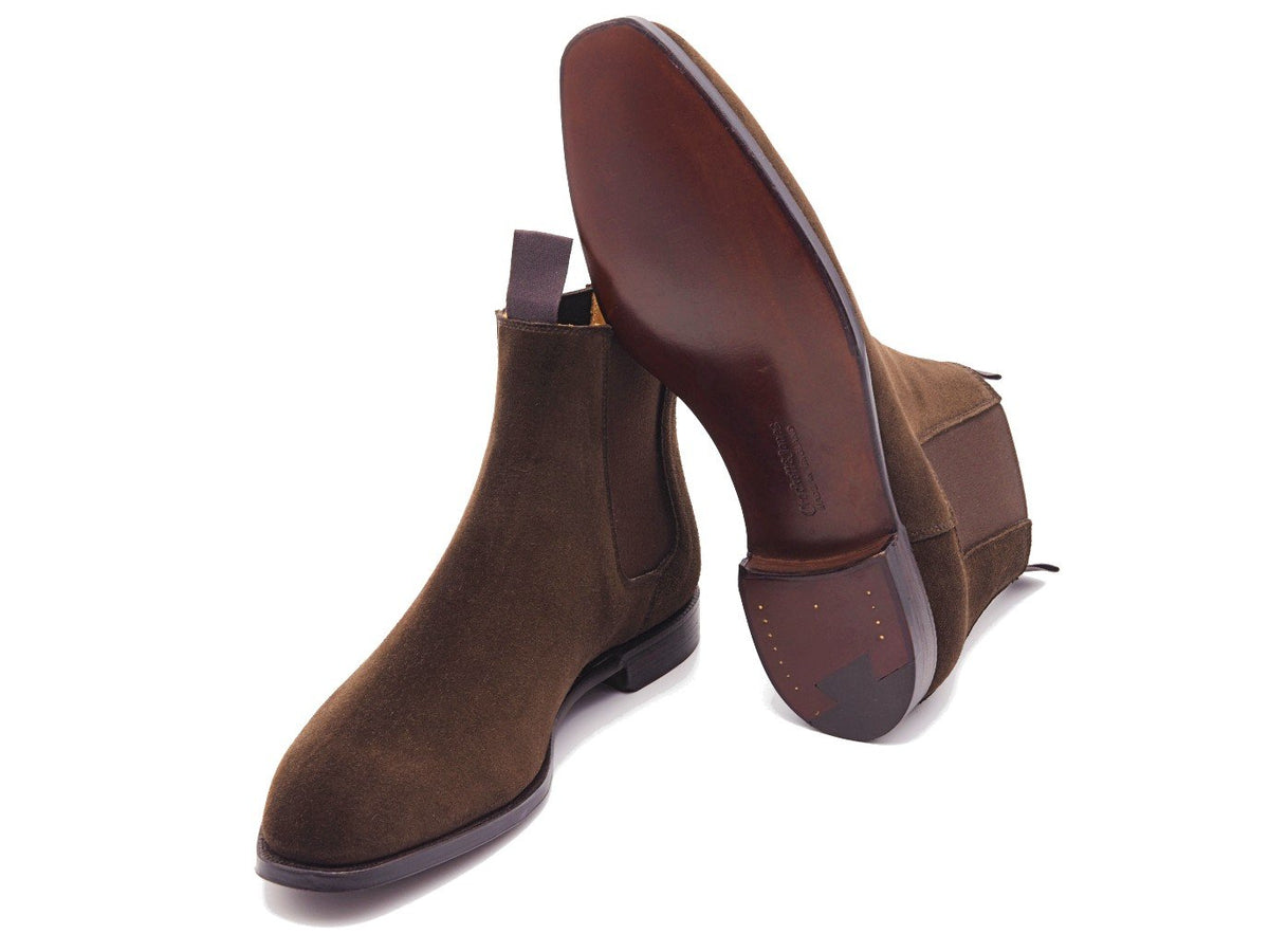 Leather sole of Crockett & Jones Maitland chelsea boots in dark brown suede