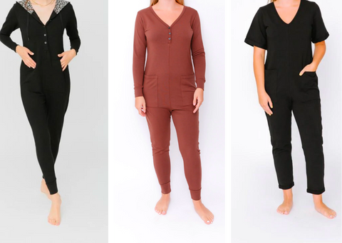 Women wear bamboo rayon rompers from the brand Smash and Tess