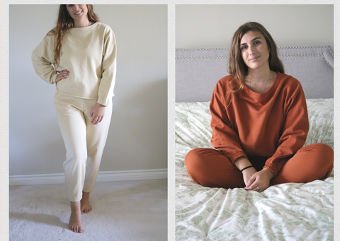 Woman wearing cream coloured and orange monochrome tracksuit made of organic cotton