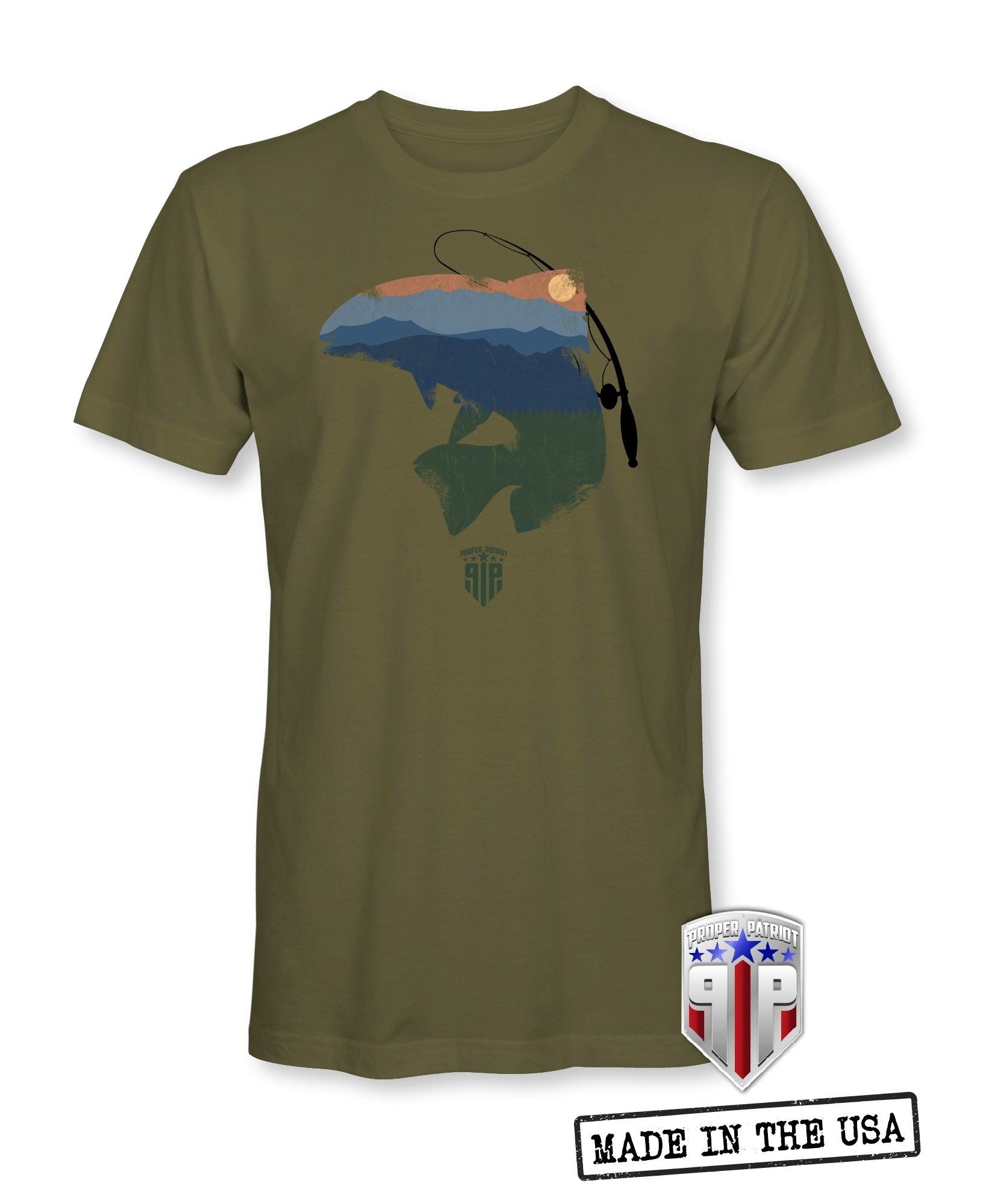 Trout Fishing Shirt - Mountain Sunset - Great Outdoors - Patriotic