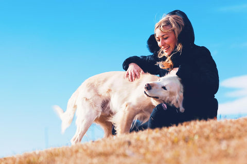 pets dogs blonde girl smiling enjoying her pet dog park golden retriever