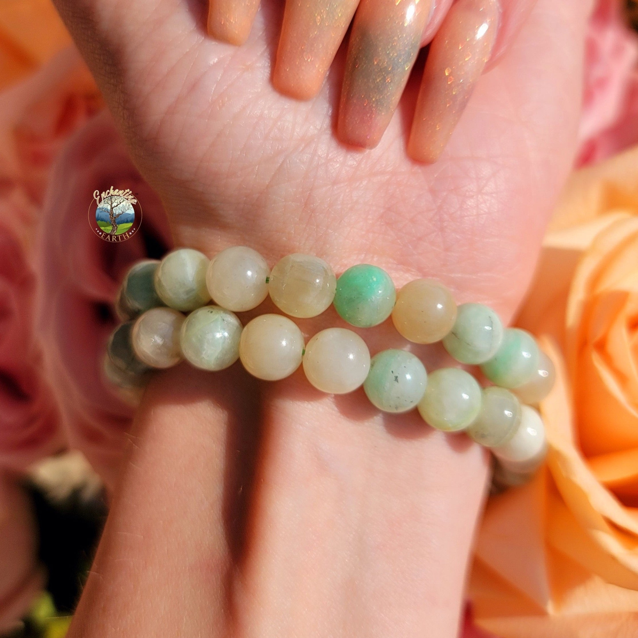 Green Moonstone & Mother of Pearl Moon Skinny Stacker Gemstone Bracelet,  Prosperity and Attraction Bracelet(6mm beads)