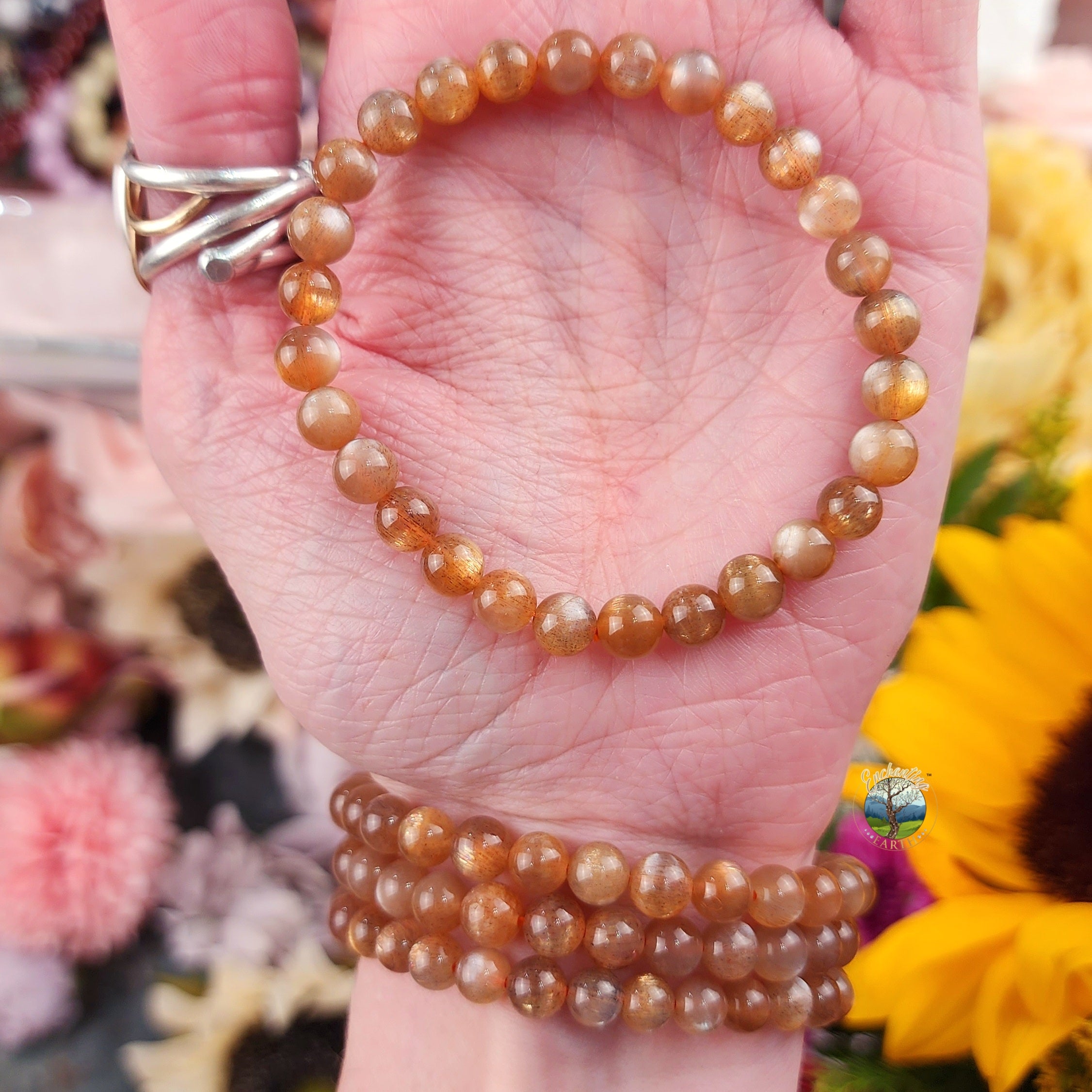 Amber Butter Stretch Bracelet Mixed With Sunstone, Moonstone and