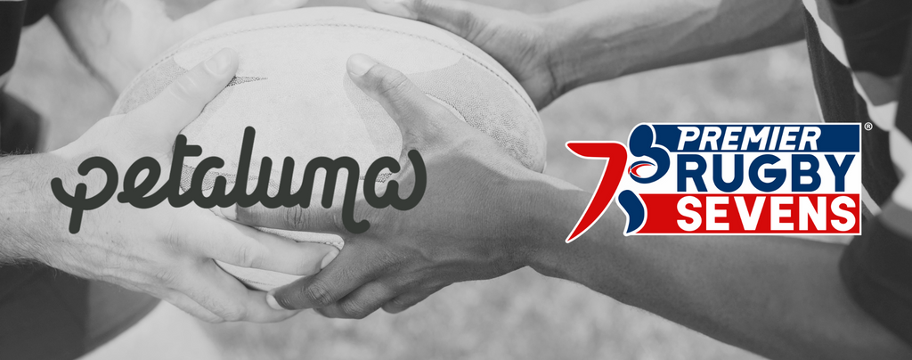 Petaluma logo and PR7s logo over a black & white image of two sets of hands holding a rugby ball