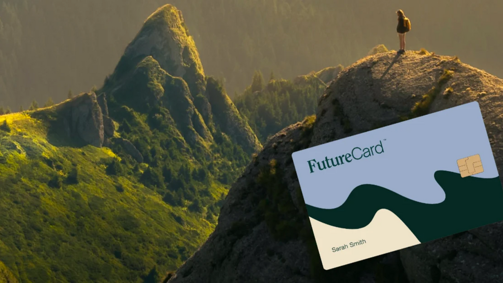 Image of mountains with a picture of the Future debit card in front