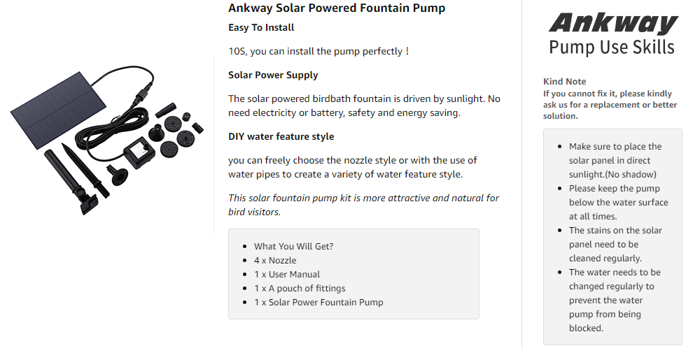 The solar powered birdbath fountain is driven by sunlight. No need electricity or battery, safety and energy saving.