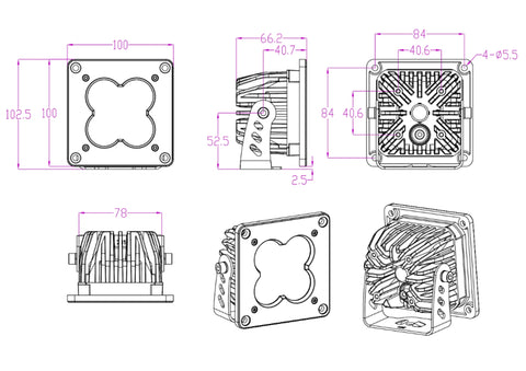 Line drawing of FNG 3 RR - Road Ready and Race Ready 3 Flush cube LED Pod with cover or without cover