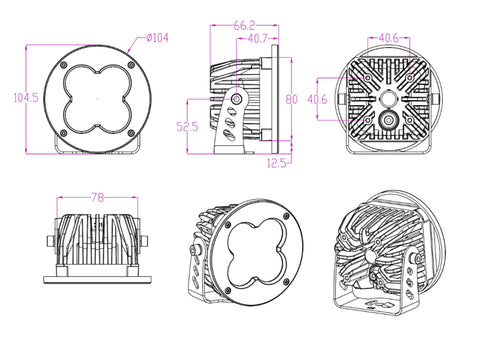 Line drawing of FNG 3 RR - Road Ready and Race Ready 3 Round cube LED Pod with cover or without cover