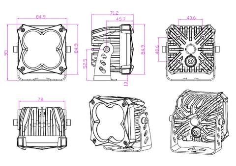 Line drawing of FNG 3 RR - Road Ready and Race Ready 3 inch cube LED Pod with cover or without cover