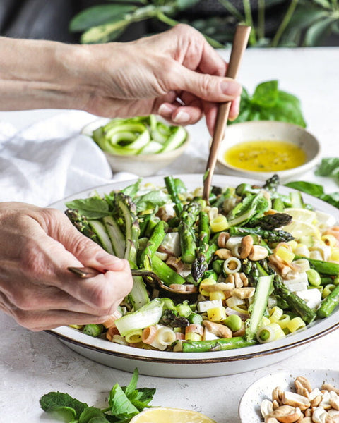 Spring anelli pasta salad with asparagus plate