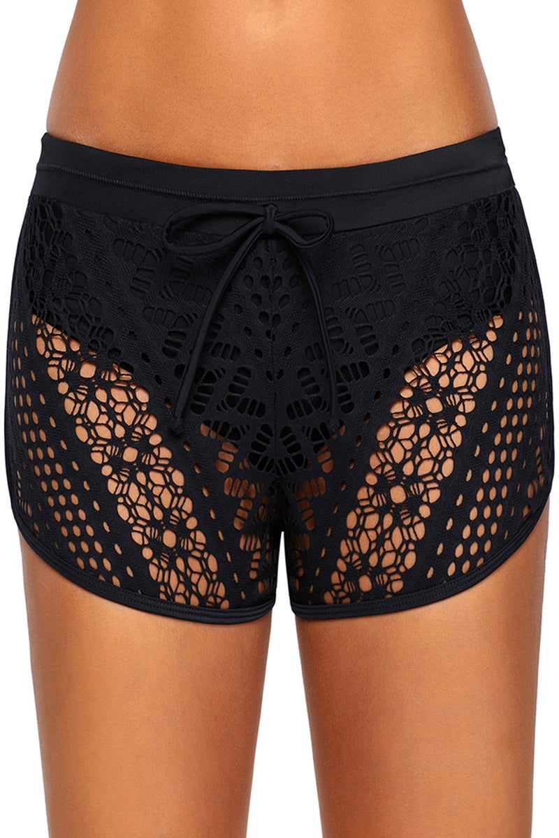 Black Hollow Out Lace Overlay Swim Short Bottom freeshipping - PuaGme