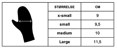 VB Målskema og størrelsesguide neopren luffe