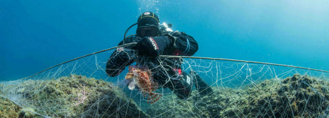 Taucher schneidet einen Fisch aus einem verwaisten Fischernetz auf dem Meeresgrund
