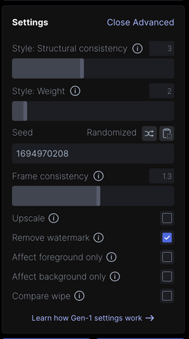 settings and preferences for Runway Gen-1