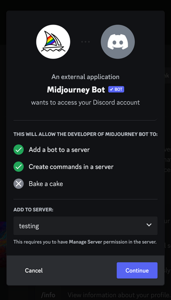 Authorization screen for Midjourney to be added to Discord