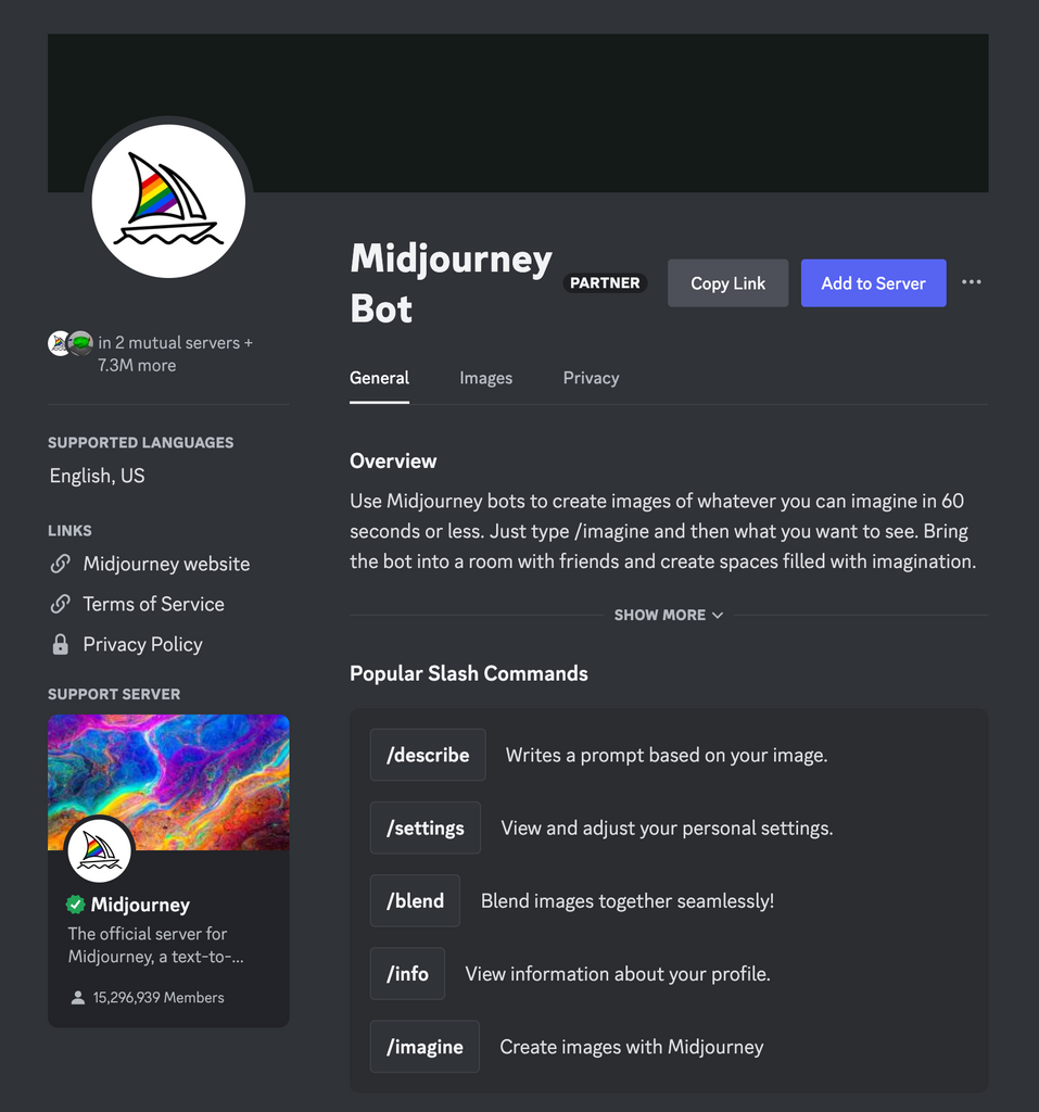 Midjourney's installation screen in the Discord App Directory