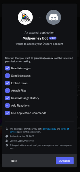 Authorization screen for Midjourney to be added to Discord