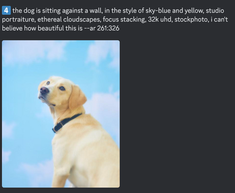 A photo of Sasha the dog on a cloudy backdrop, being described by Midjourney v4 inside Discord dialog box