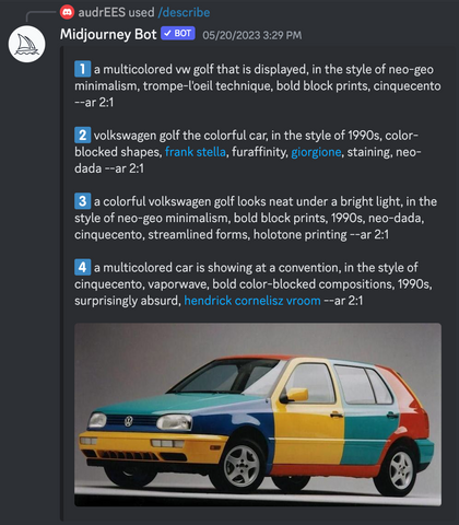 Midjourney Bot describing a studio portrait of a Harlequin model of VW’s 1996 Golf inside a Discord dialog box