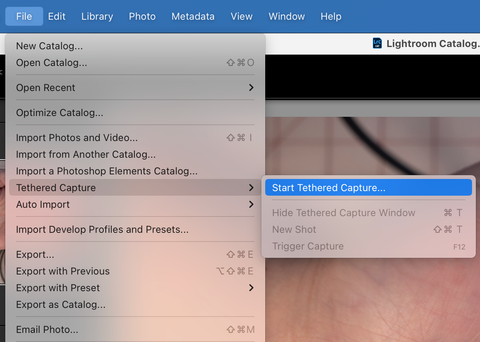 Lightroom Classic File Menu for tethering