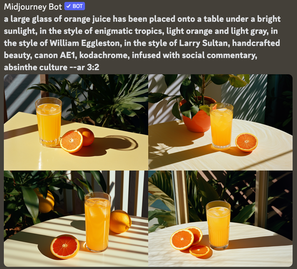 A Midjourney prompt and 4 image generation of a glass of orange juice