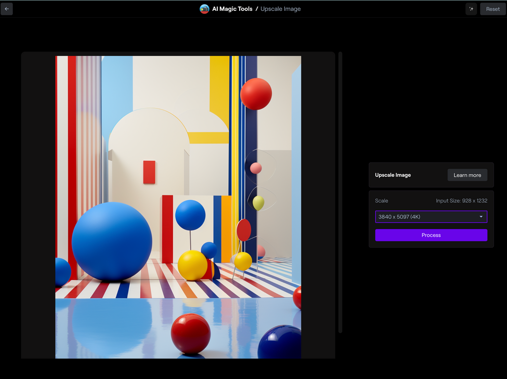Runway.ml dialog box for the image upscaling tool. Image of an avant garde colorful space being upscaled to 4K resolution.