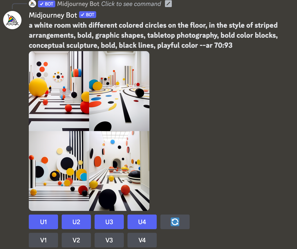 Midjourney generating images of imaginary modernist spaces in a Discord dialog box screenshot