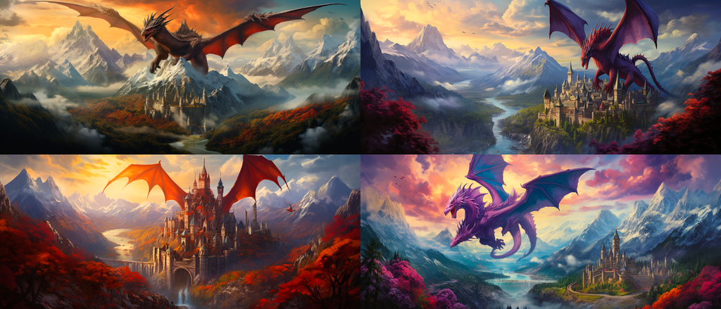 Series of 4 images depicting a mountain with a dragon soaring above generated by Midjourney ready for further refinement