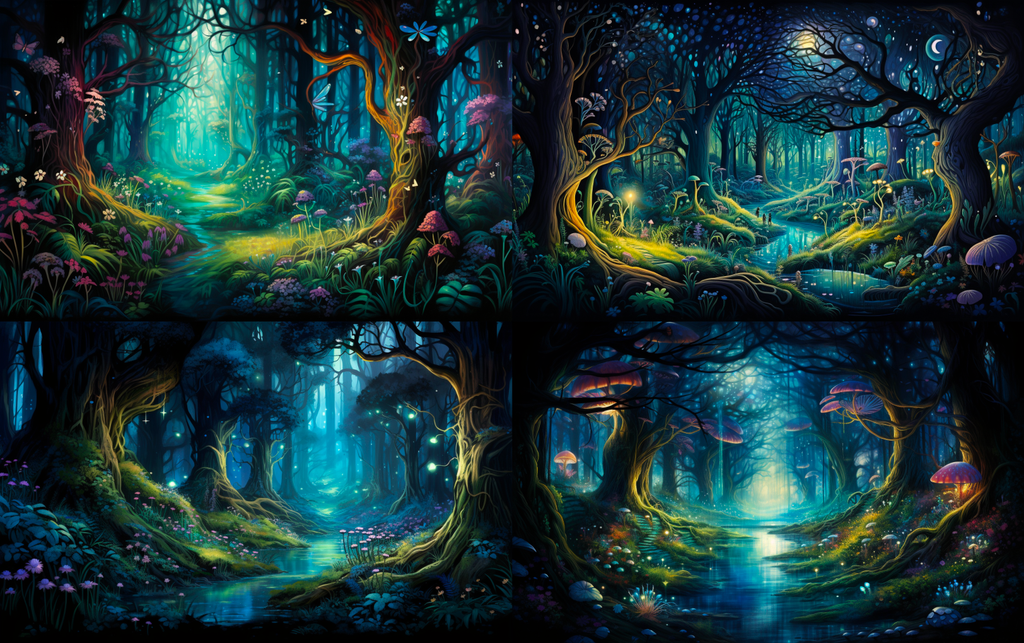 Series of 4 images depicting an enchanted forest illuminated by bioluminescent plants generated by Midjourney ready for further refinement