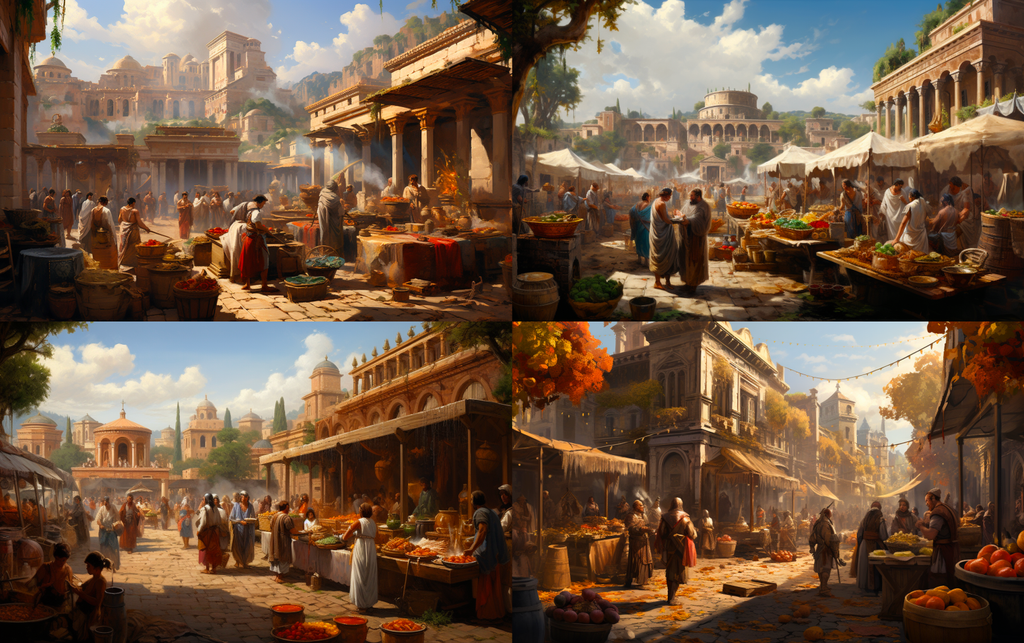 Series of 4 images depicting a bustling marketplace in ancient Rome generated by Midjourney ready for further refinement