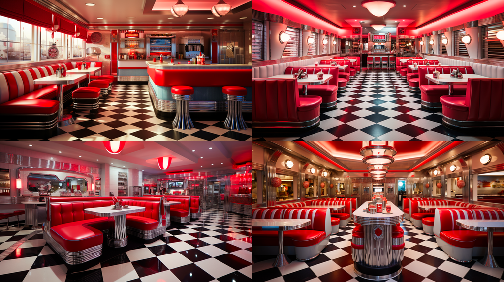 Series of 4 images depicting a 1950s diner generated by Midjourney ready for further refinement