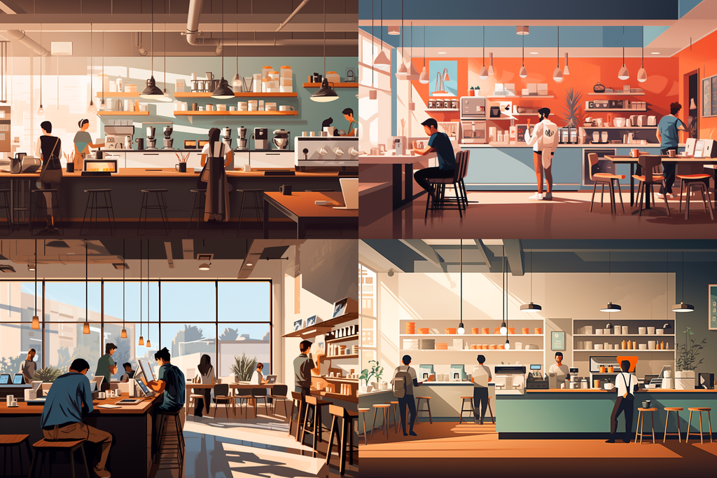 Series of 4 images depicting a modern coffee shop interior generated by Midjourney ready for further refinement