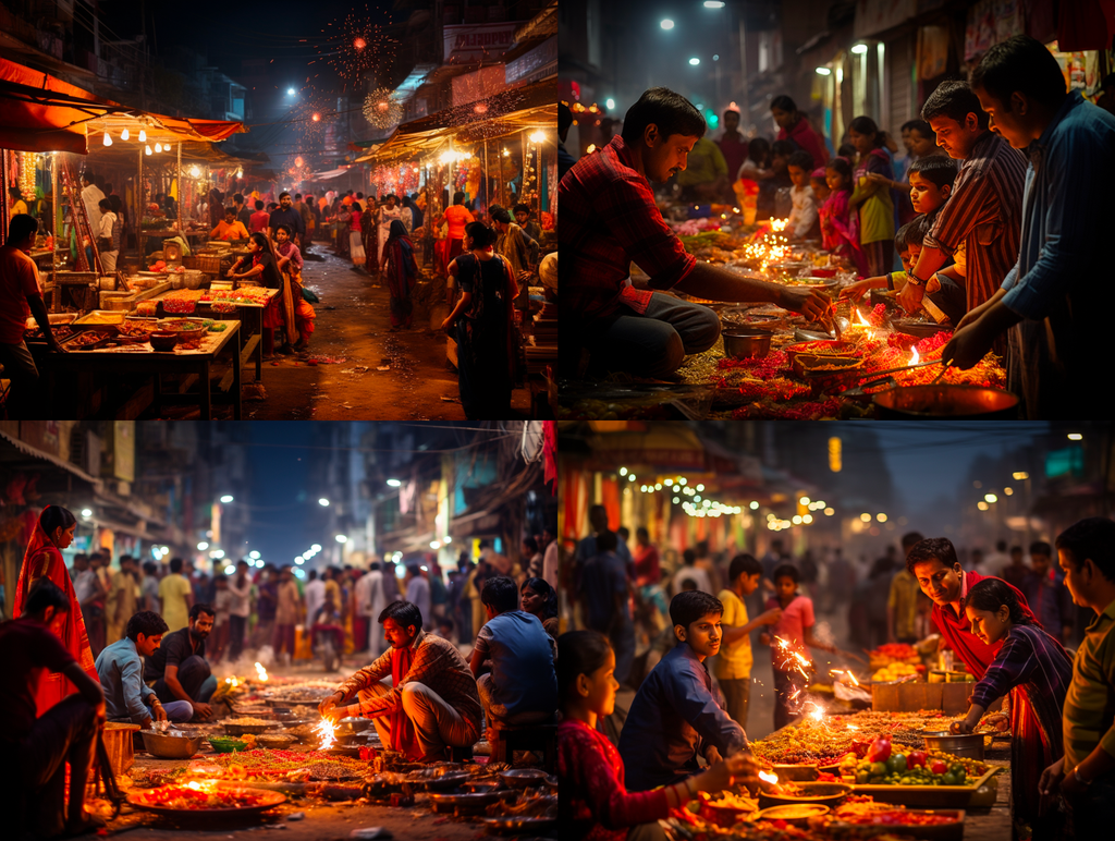 Series of 4 images depicting a bustling nighty street scene during Diwaligenerated by Midjourney ready for further refinement