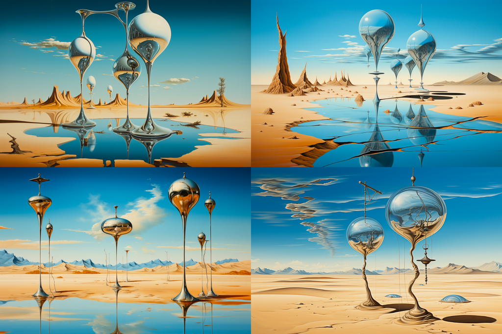 Series of 4 images depicting a surreal desert with floating silver islands generated by Midjourney ready for further refinement