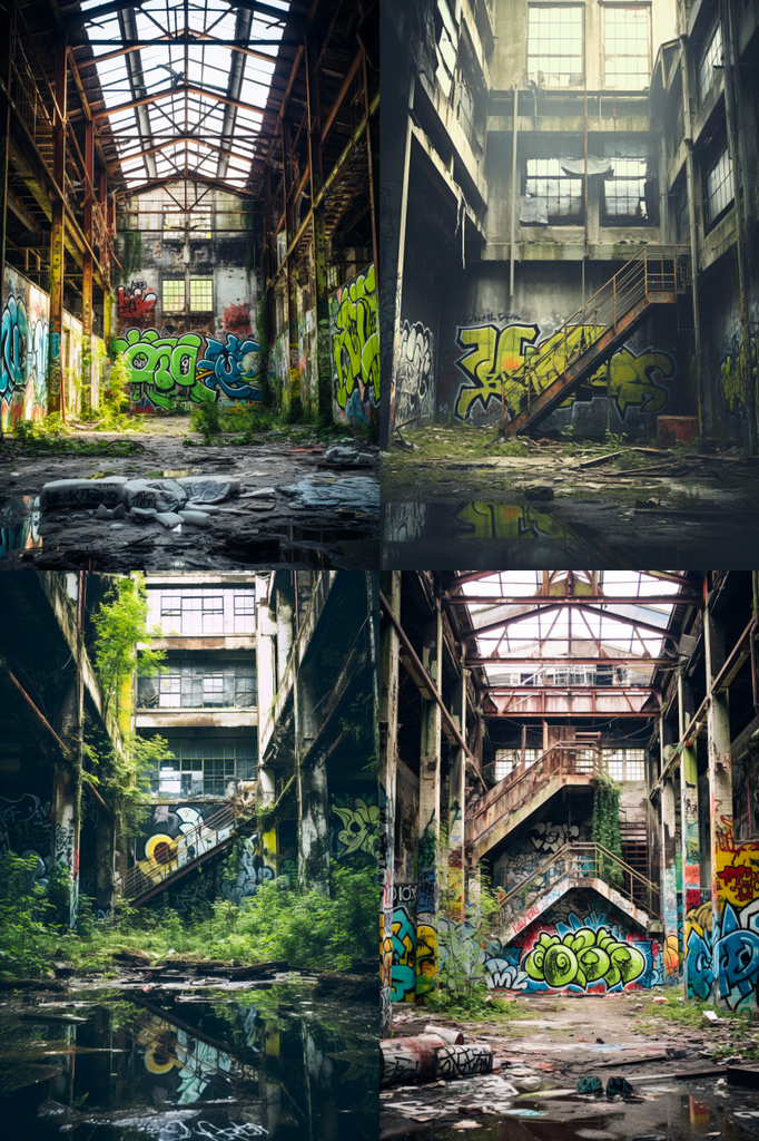 Series of 4 images depicting a abandoned warehouse being reclaimed by nature covered in colorful graffiti generated by Midjourney ready for further refinement