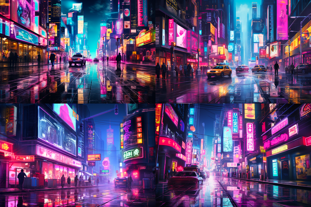 Series of 4 images depicting a neon city street with reflective wet sidewalks generated by Midjourney ready for further refinement