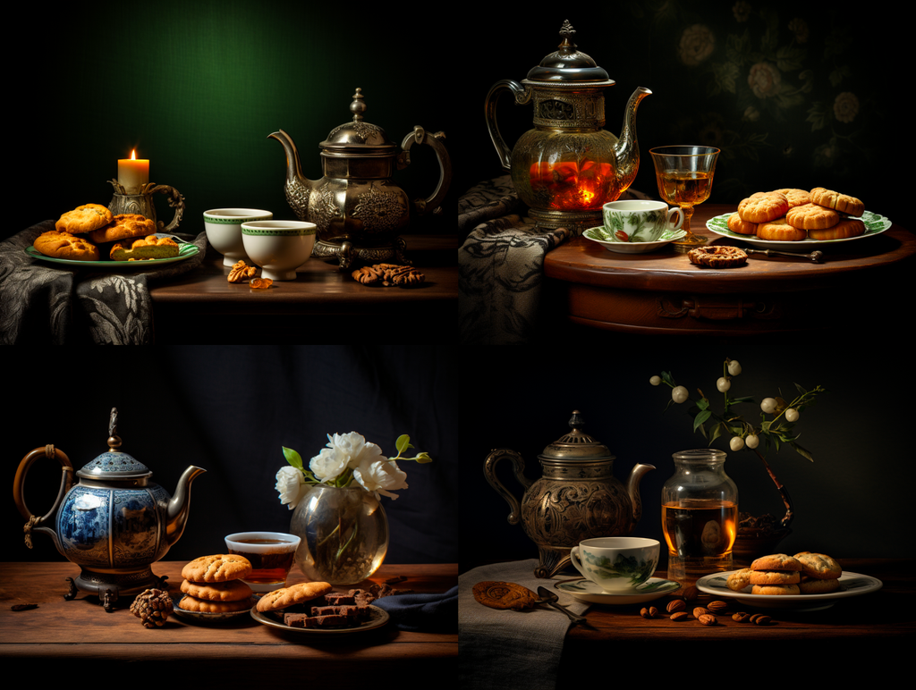Series of 4 images depicting a still life table set generated by Midjourney ready for further refinement