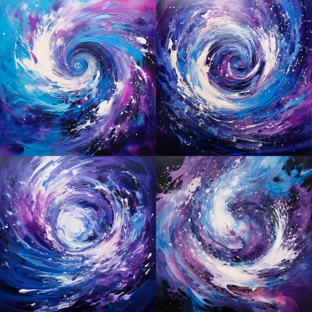 Series of 4 images depicting an abstract swirling vortex of blues and purples generated by Midjourney ready for further refinement