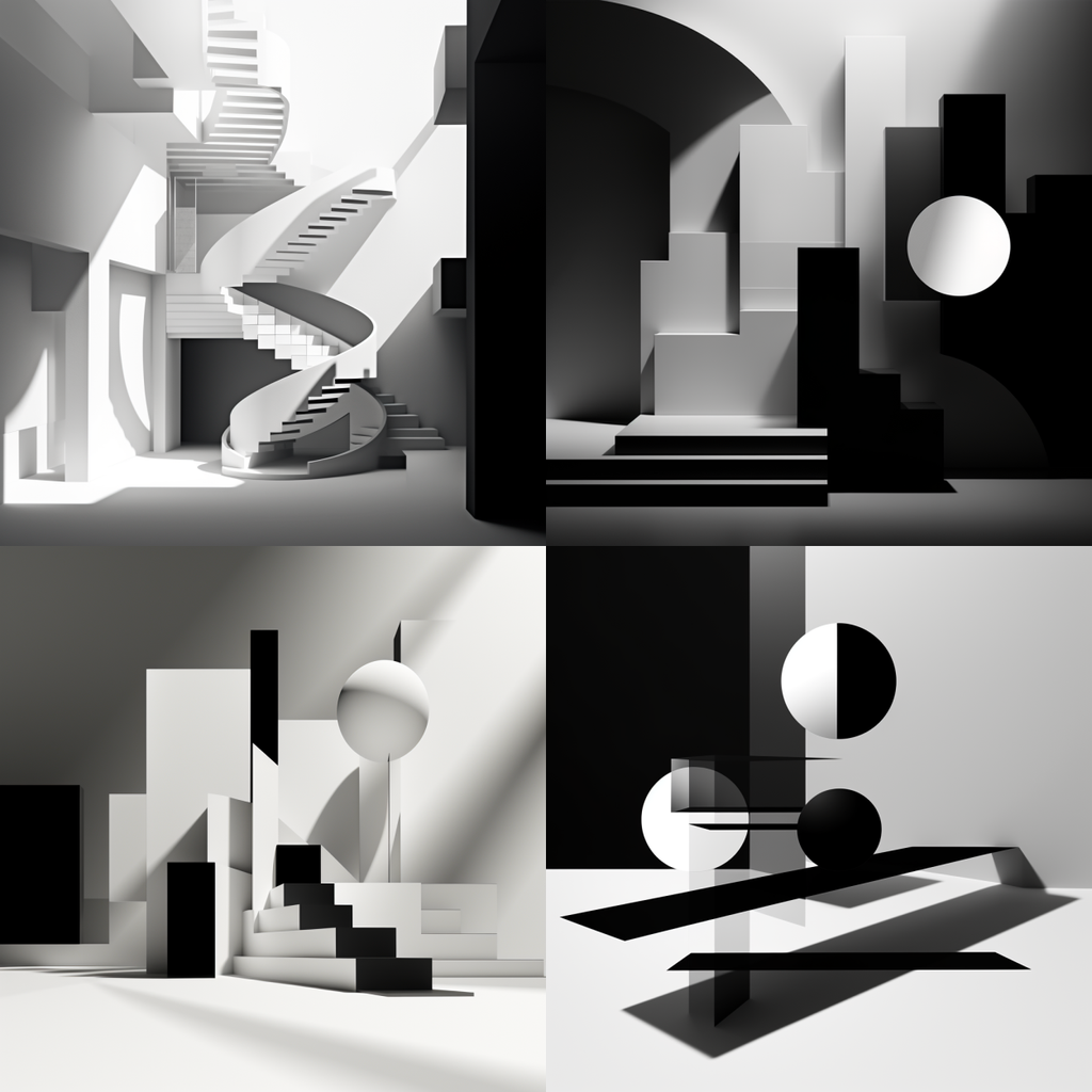 Series of 4 images depicting a set of black and white 3D geometric shapes generated by Midjourney ready for further refinement