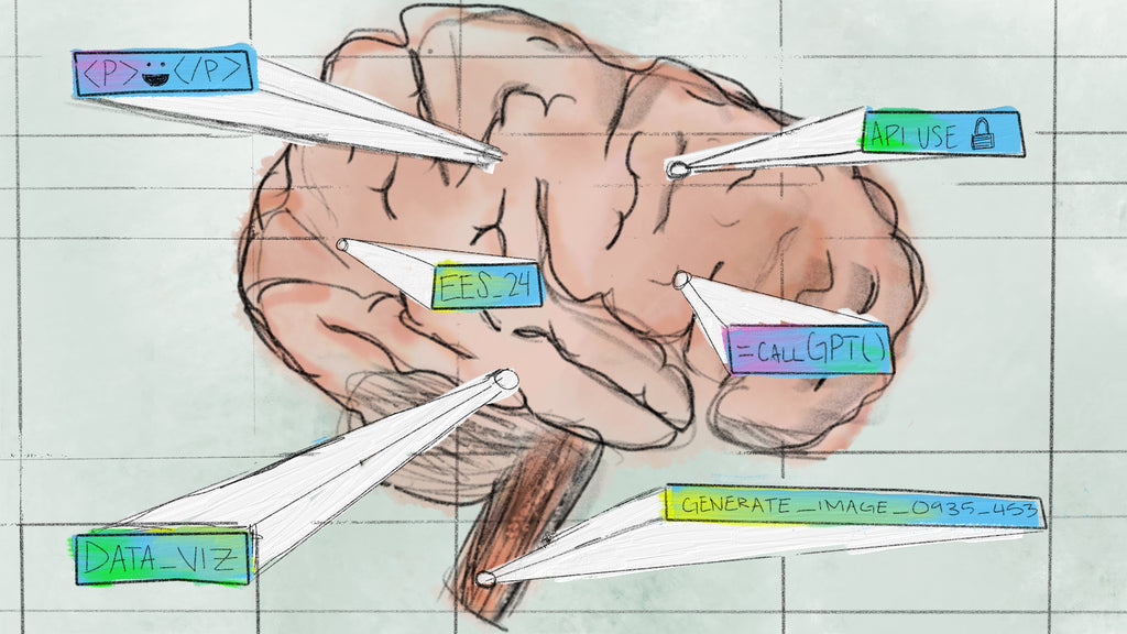 AI integration into Google Sheets visualized by a brain within spreadsheet cells.