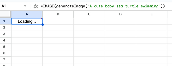 A spreadsheet cell with an image generator script API call and code being ran.