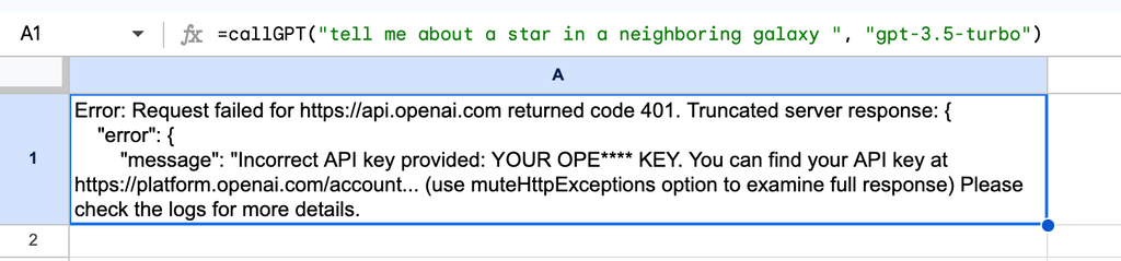 Error handling in GoogleSheets when incorporating ChatGPT API calls into individual cells