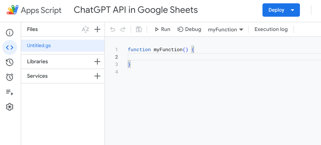 What it looks like when you create a new script in Google App Script