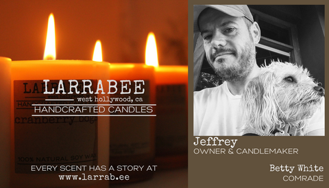 LARRABEE logo and photo of Jeffrey the owner and candlemaker with his dog Betty White