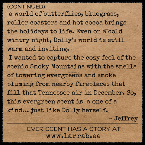 Story card back for Dolly's Smoky Mountain candle scent